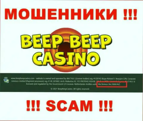 Не взаимодействуйте с организацией Beep Beep Casino, зная их лицензию, предоставленную на онлайн-ресурсе, Вы не убережете свои вложенные деньги
