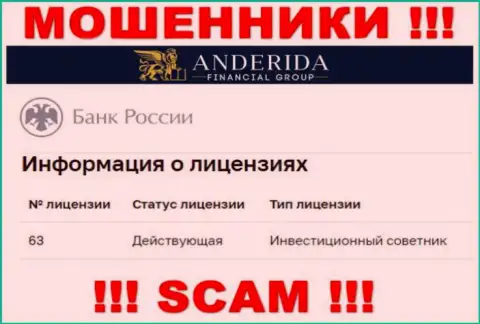 Anderida Financial Group пишут, что имеют лицензию от ЦБ Российской Федерации (данные с интернет-ресурса махинаторов)