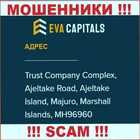 На web-ресурсе Eva Capitals расположен оффшорный адрес регистрации организации - Trust Company Complex, Ajeltake Road, Ajeltake Island, Majuro, Marshall Islands, MH96960, будьте очень осторожны - это мошенники
