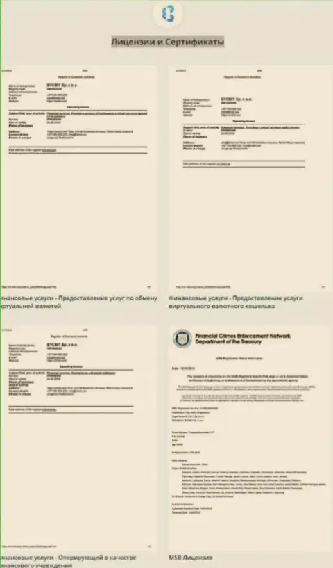 Лицензии и сертификаты обменного онлайн-пункта БТЦБИТ Сп. З.о.о.