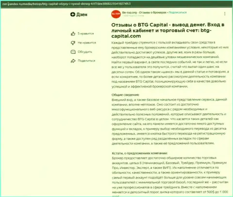 Информационная статья об компании BTG-Capital Com, представленная на web-портале Zen Yandex Ru