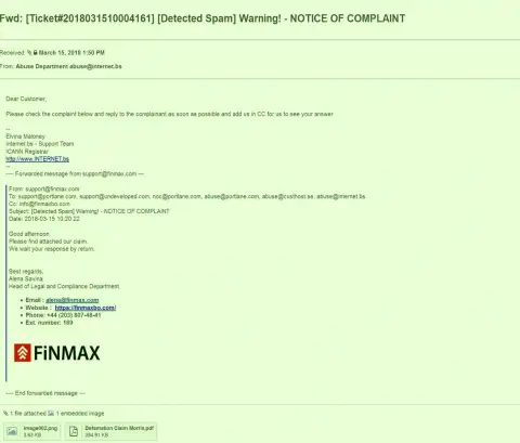 Подобная жалоба на официальный интернет-портал FiNMAX поступила и регистратору доменного имени сайта