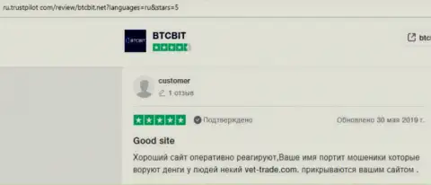 Позитив в адрес BTCBit на интернет-ресурсе trustpilot com
